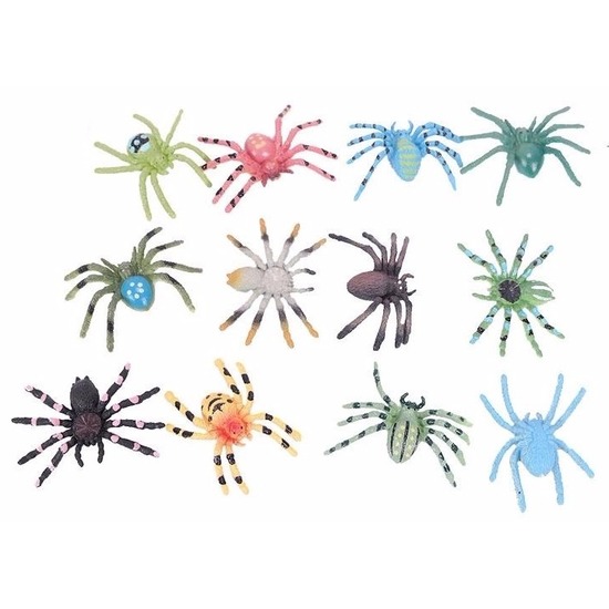 12x stuks gekleurde horror decoratie spin/spinnen 4 cm
