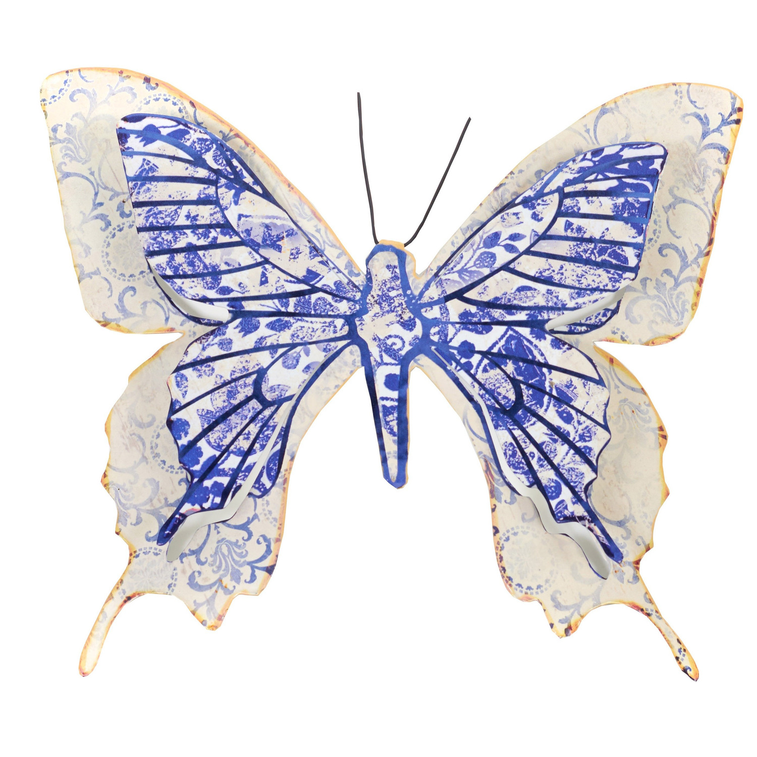1x Blauw/witte metalen tuindecoratie vlinder 31 cm