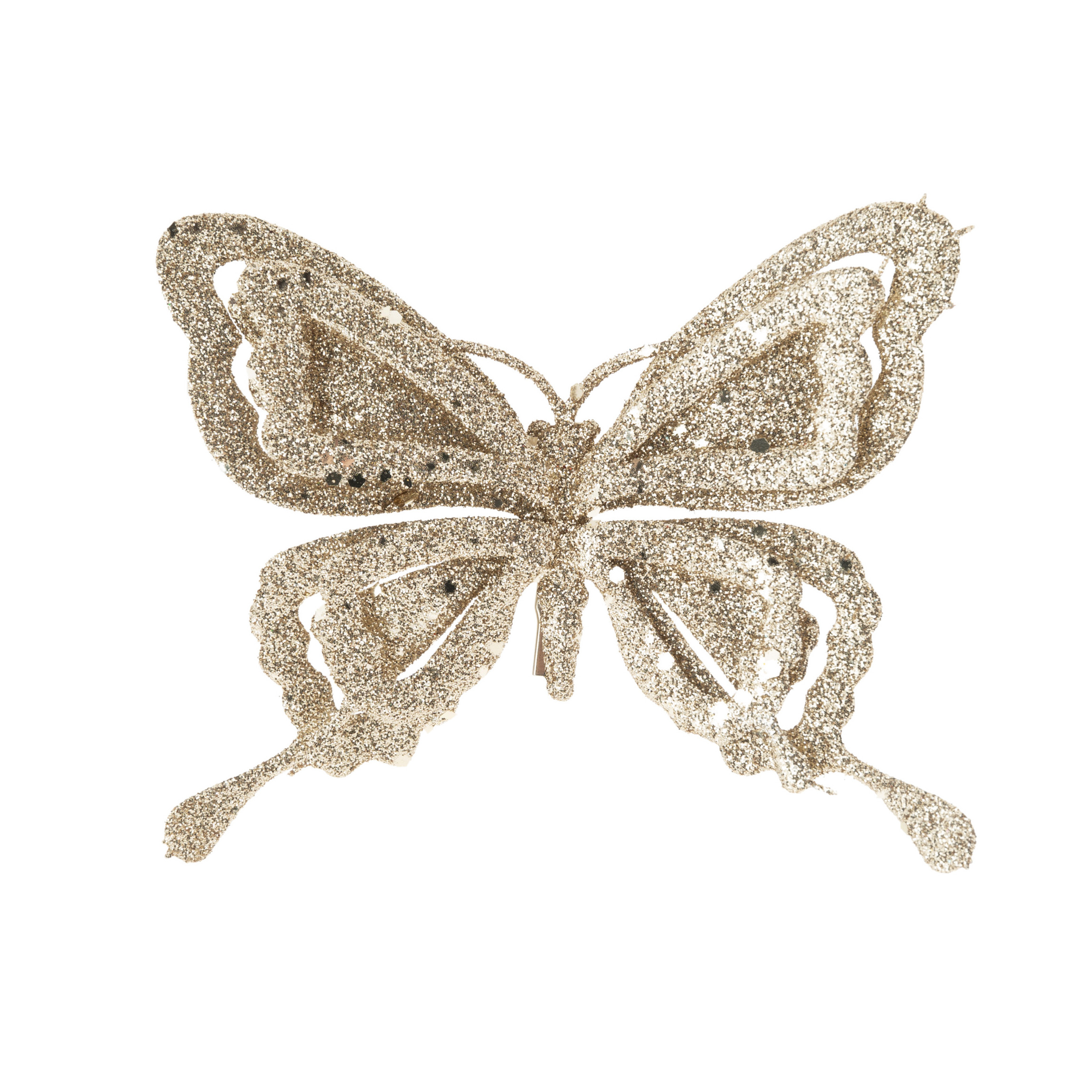 1x stuks decoratie vlinders op clip glitter champagne 14 cm