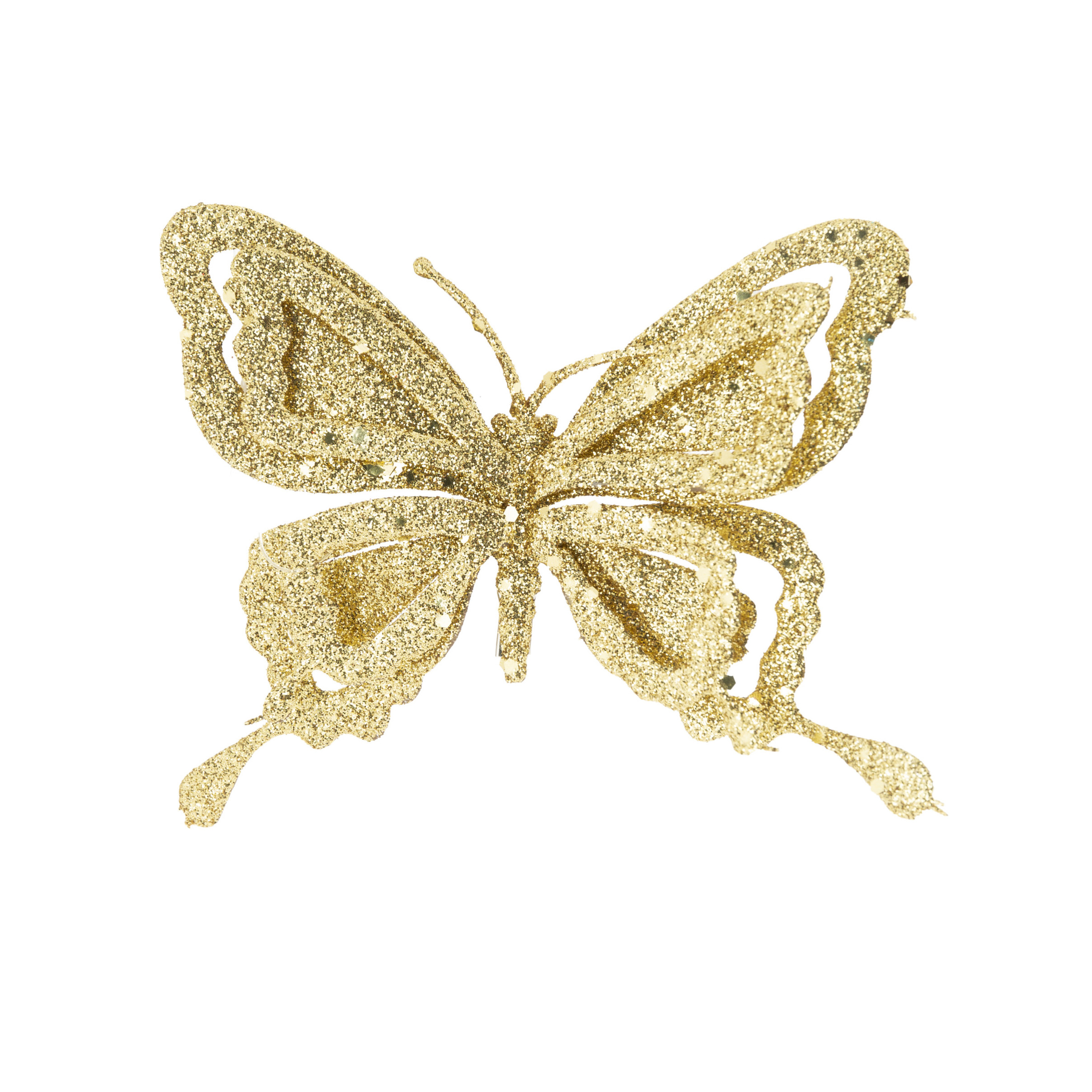 1x stuks decoratie vlinders op clip glitter goud 14 cm