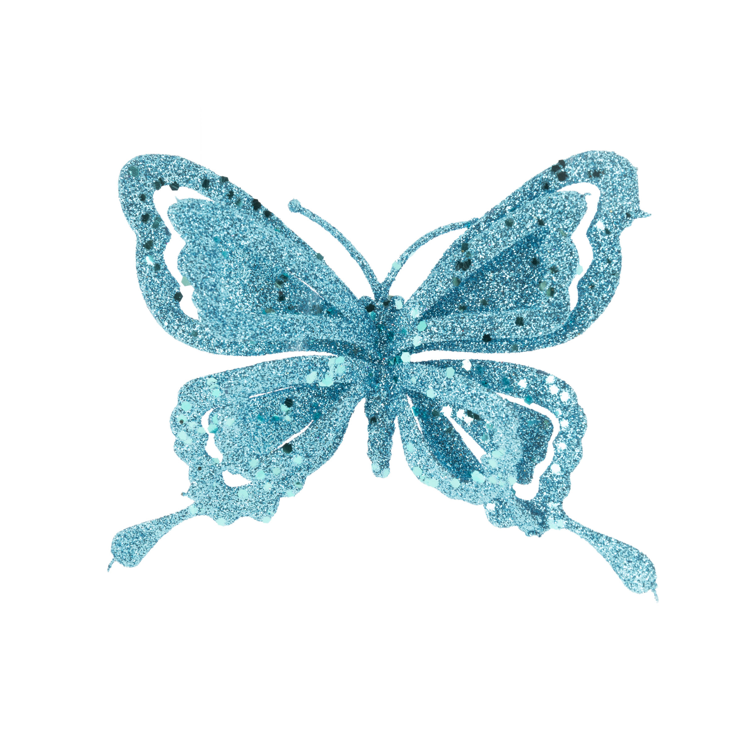 1x stuks decoratie vlinders op clip glitter ijsblauw 14 cm
