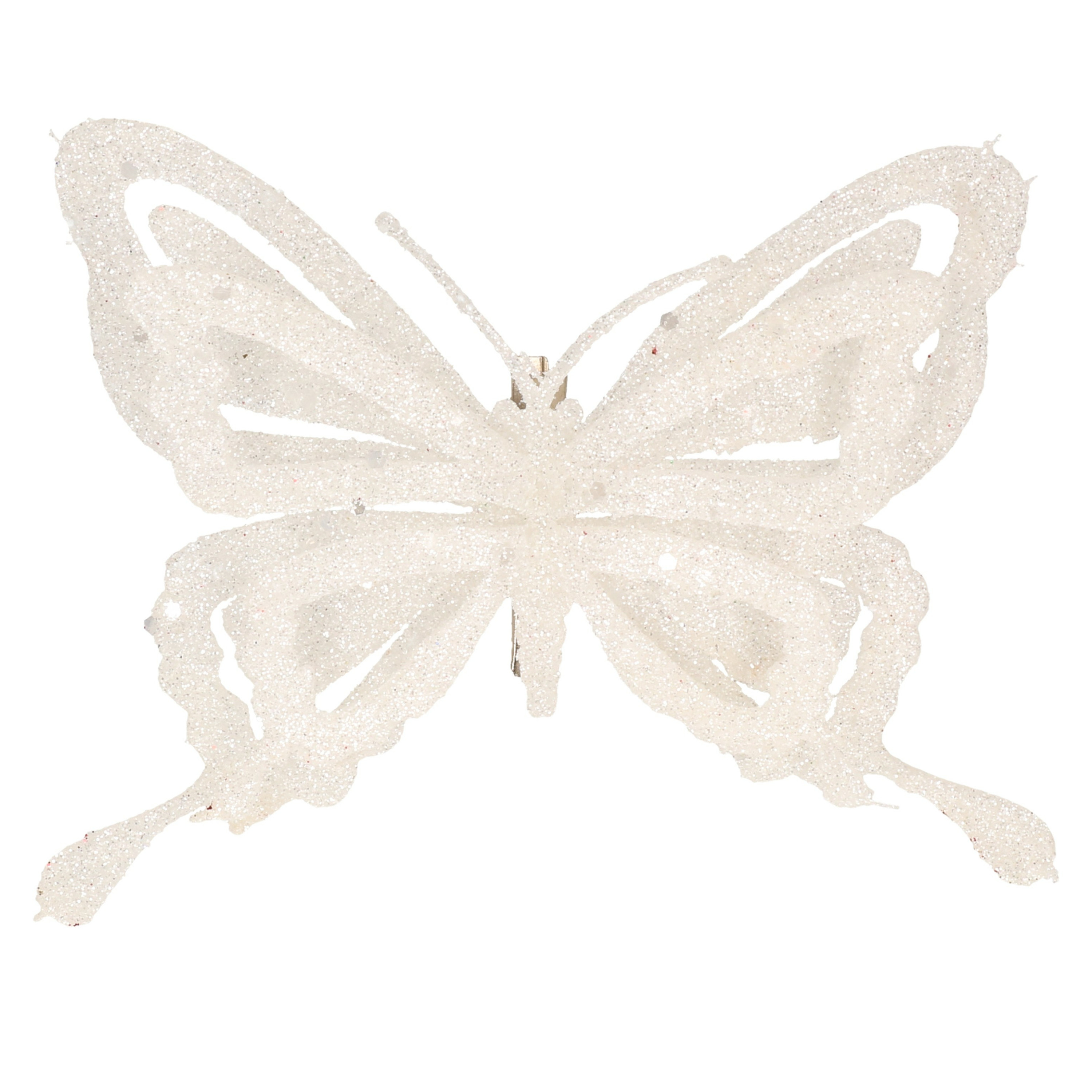 1x stuks decoratie vlinders op clip glitter wit 14 cm