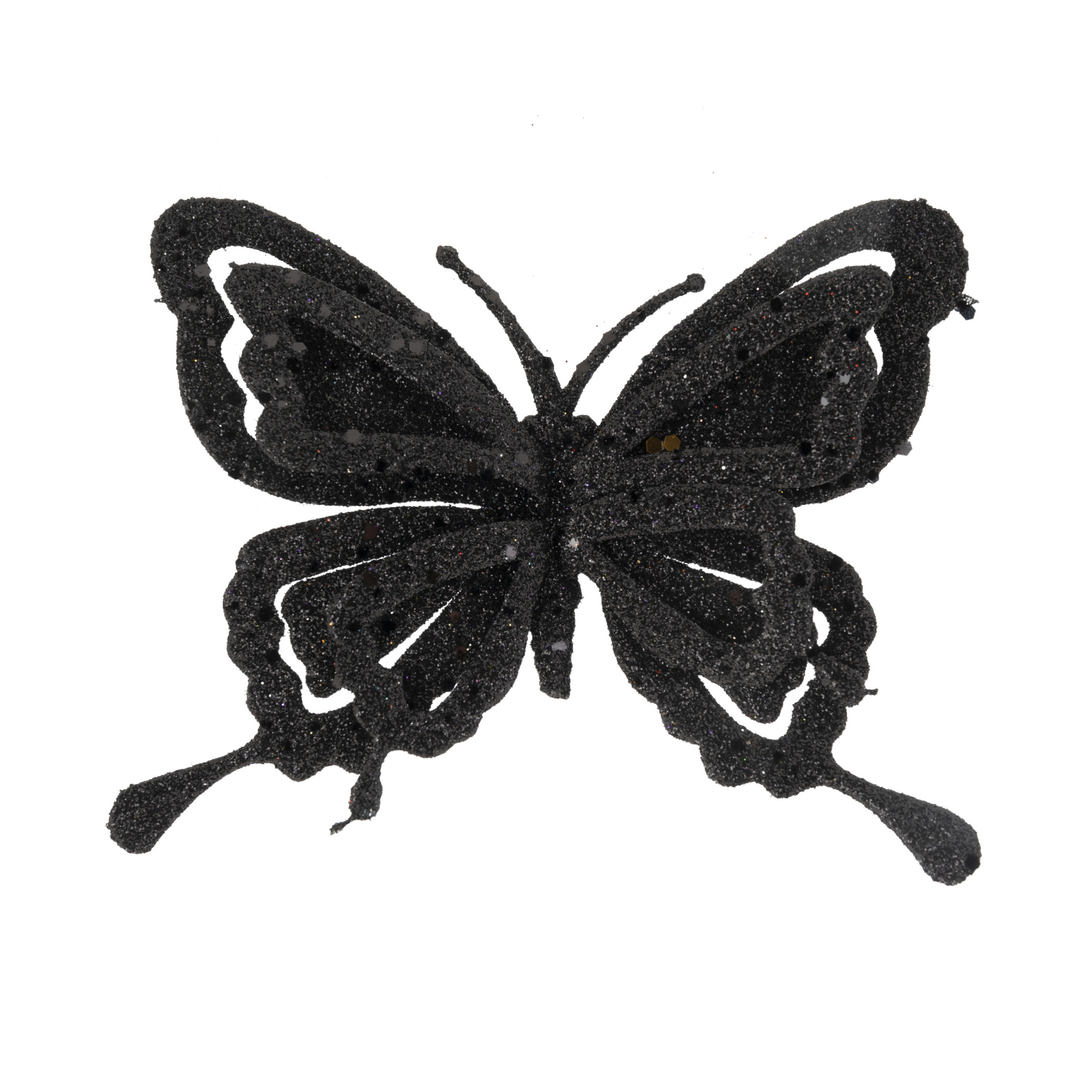 1x stuks decoratie vlinders op clip glitter zwart 14 cm