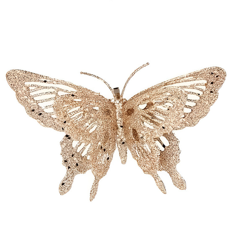 Afbeelding 1x stuks Kerstboomversiering glitter vlinder goud op clip 15 x 11 cm door Animals Giftshop