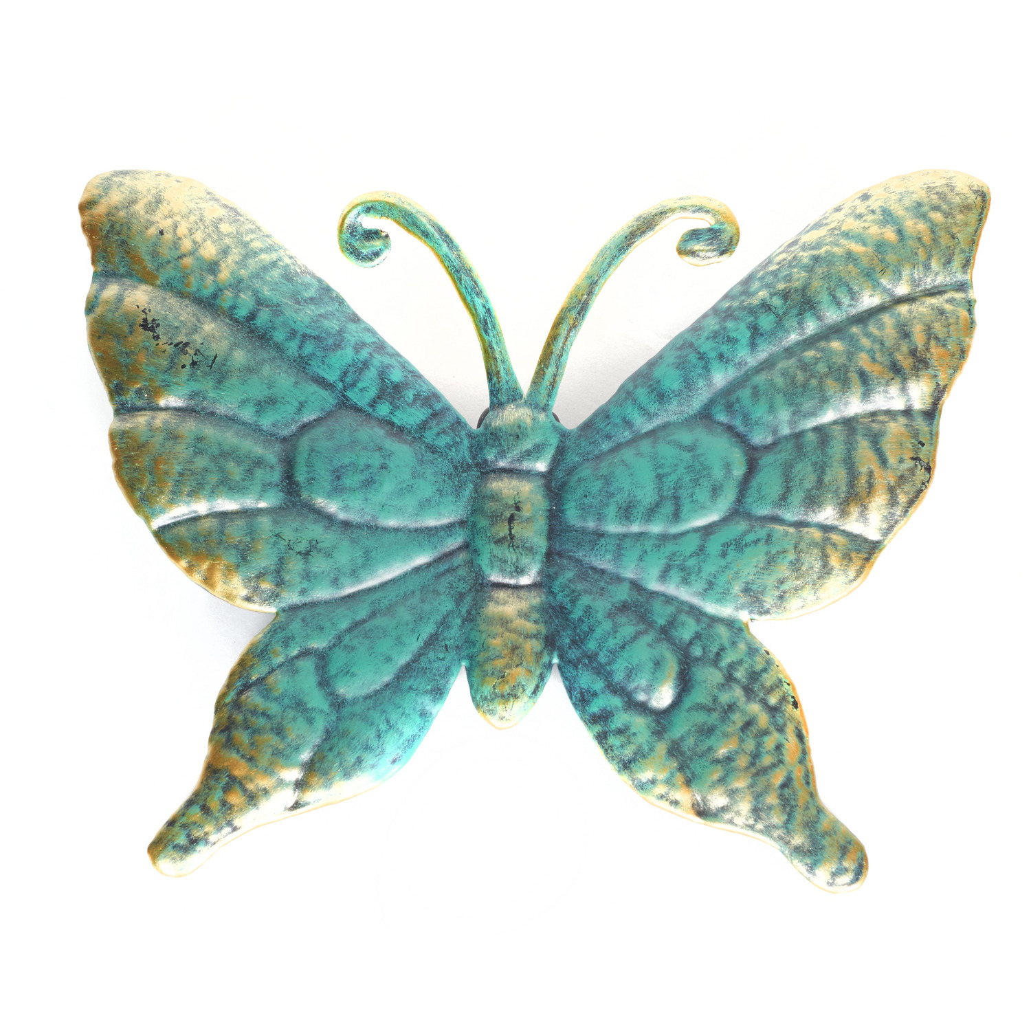 1x Turquoise-goud metalen tuindecoratie vlinder 22 cm
