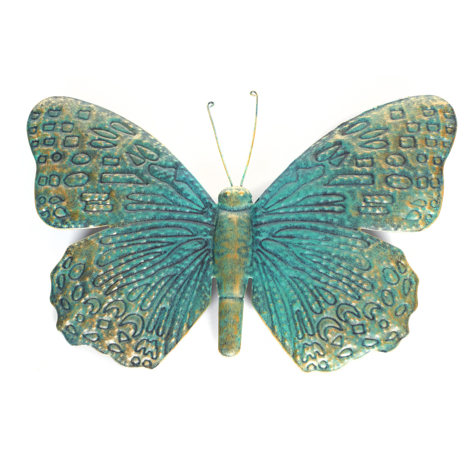 1x Turquoise/goud metalen tuindecoratie vlinder 31 cm