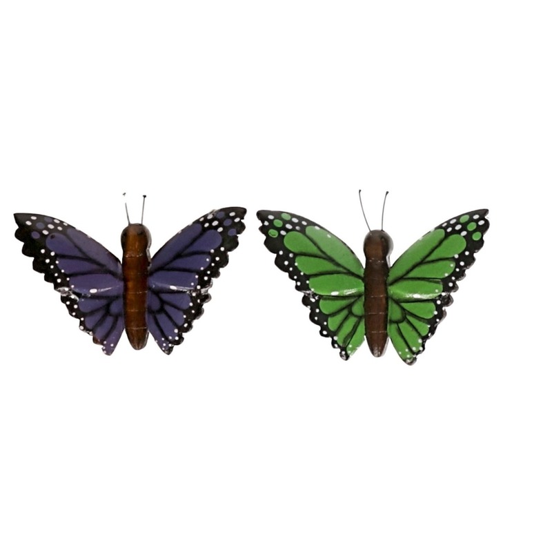 2 stuks Houten koelkast magneetjes in de vorm van een groene en paarse vlinder