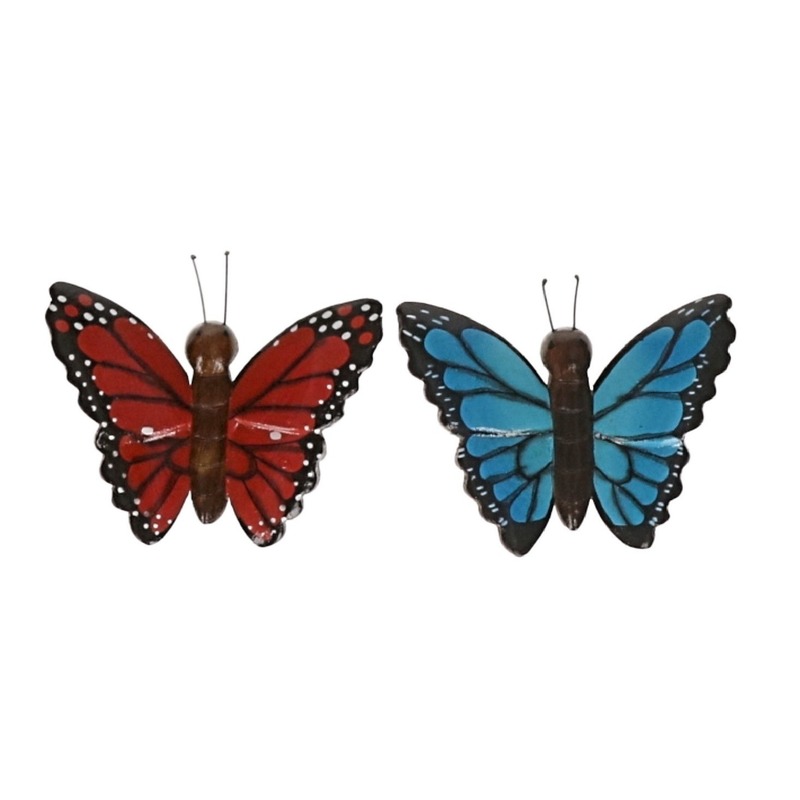 2 stuks Houten koelkast magneten in de vorm van een rode en blauwe vlinder