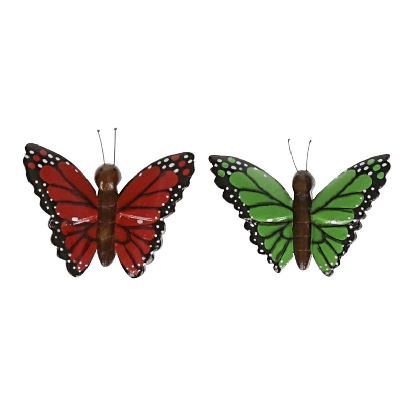 2 stuks Houten koelkast magneten in de vorm van een rode en groene vlinder