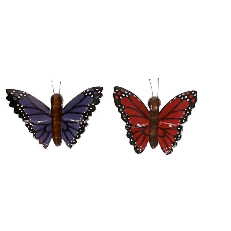 2 stuks Houten koelkast magneten in de vorm van een rode en paarse vlinder
