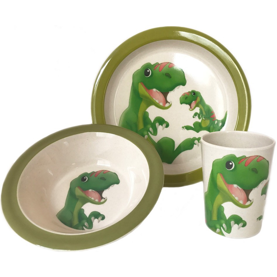 2x 3-delige ontbijtsets bord/kom/beker met dinosaurus opdruk wit/groen melamine voor kinderen