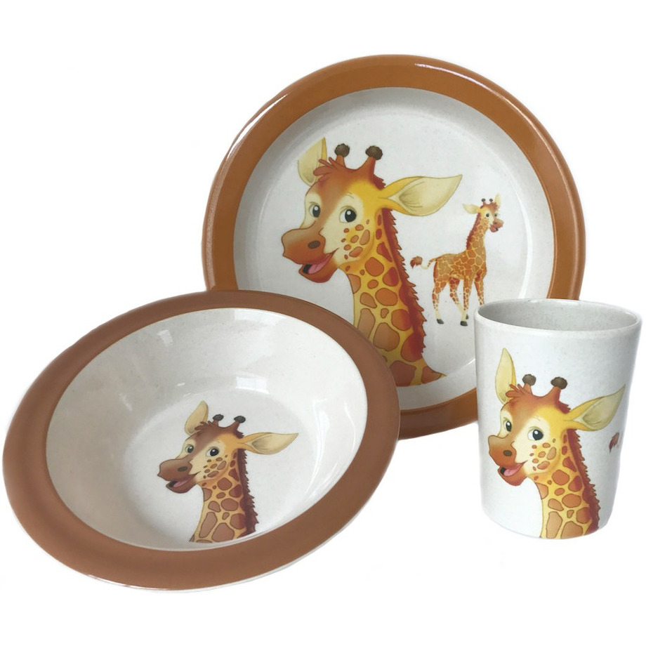 2x 3-delige ontbijtsets bord/kom/beker met opdruk van een giraffe wit/bruin melamine voor kinderen