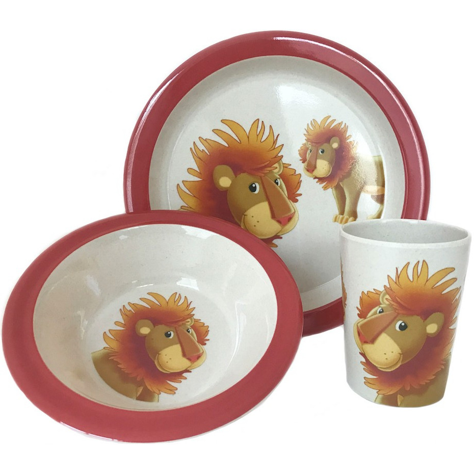 2x 3-delige ontbijtsets bord/kom/beker met opdruk van een leeuw wit/rood melamine voor kinderen