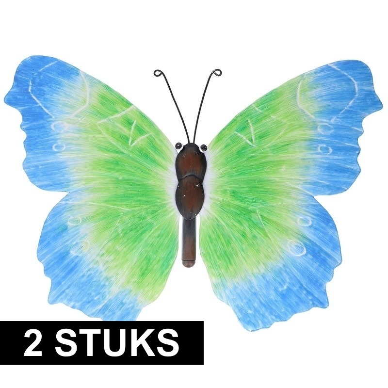 2x Blauw/groene tuindecoratie vlinders 40 cm