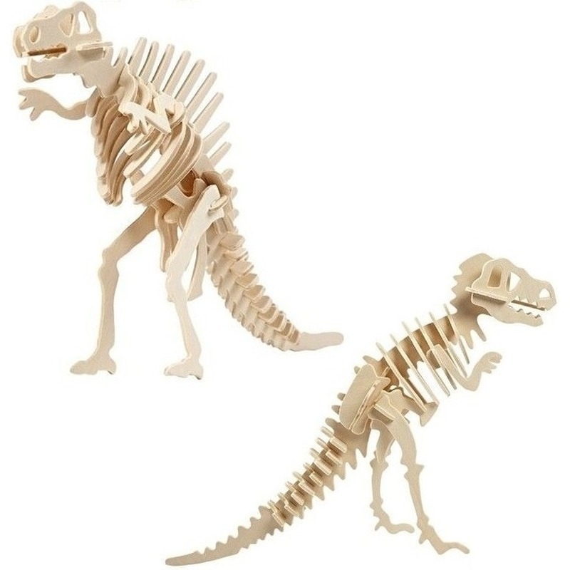 2x Bouwpakketten hout Spinosaurus en Tyrannosaurus dinosaurus