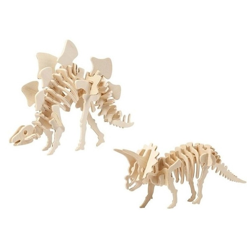 2x Bouwpakketten hout Stegosaurus en Triceratops dinosaurus