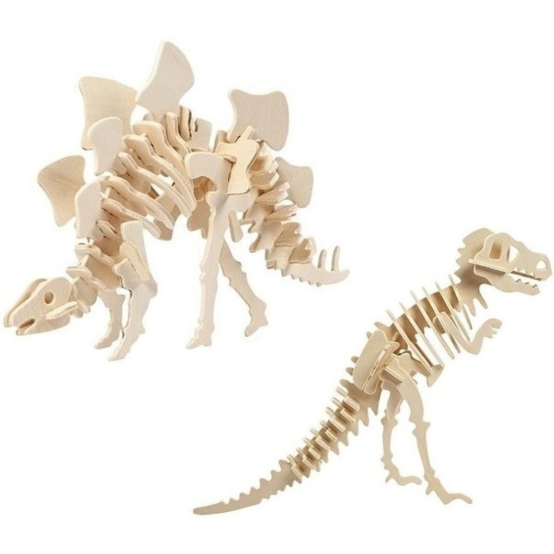 Afbeelding 2x Bouwpakketten hout Stegosaurus en Tyrannosaurus dinosaurus door Animals Giftshop