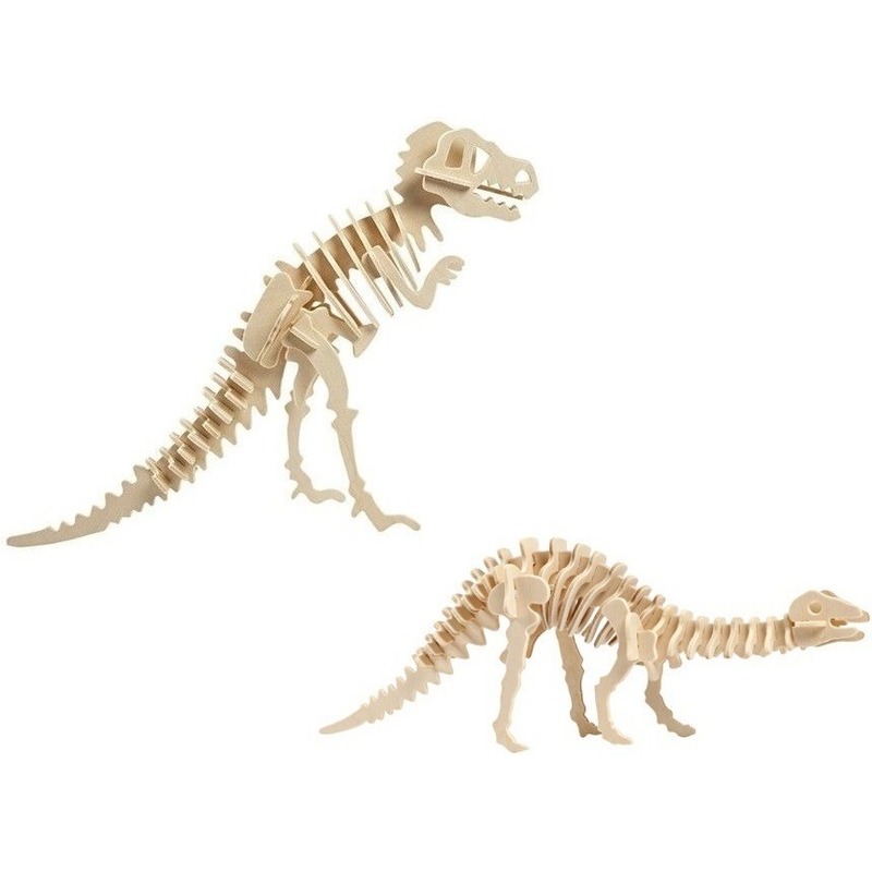 Afbeelding 2x Bouwpakketten hout Tyrannosaurus en Apatosaurus dinosaurus door Animals Giftshop