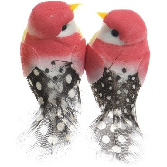 2x Decoratie vogeltje fuchsia roze 6 cm op ijzerdraad met echte veren