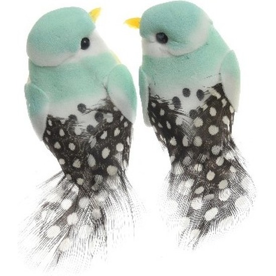 Afbeelding 2x Decoratie vogeltje licht mintgroen 6 cm op ijzerdraad met echte veren door Animals Giftshop