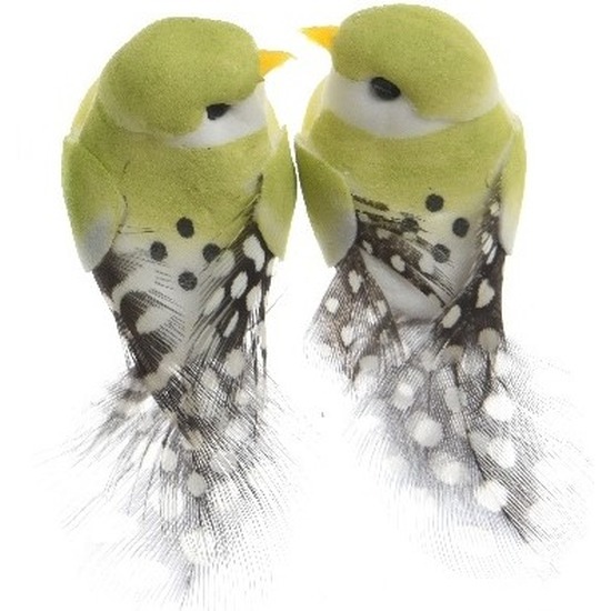 Afbeelding 2x Decoratie vogeltje lichtgroen 6 cm op ijzerdraad met echte veren door Animals Giftshop