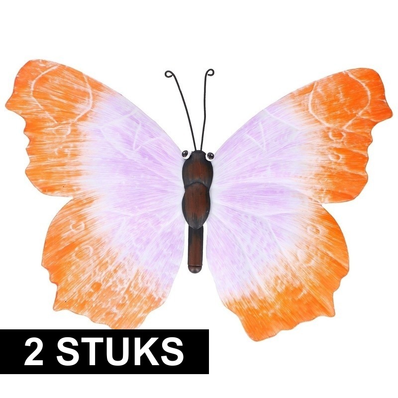 2x Oranje/lila tuindecoratie vlinders 40 cm