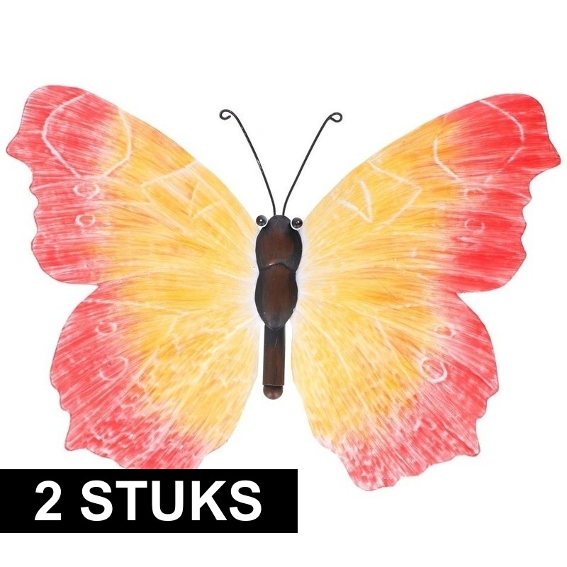 2x Oranje/rode tuindecoratie vlinders 40 cm