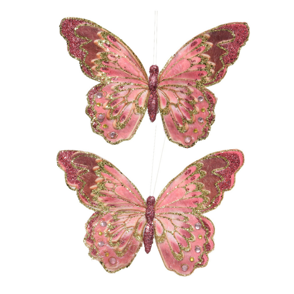 2x stuks decoratie vlinders op clip glitter roze 18 cm