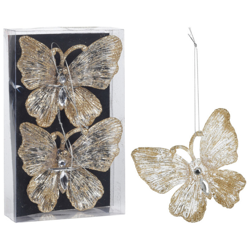 2x stuks decoratiehangers vlinders champagne/goud 15 cm