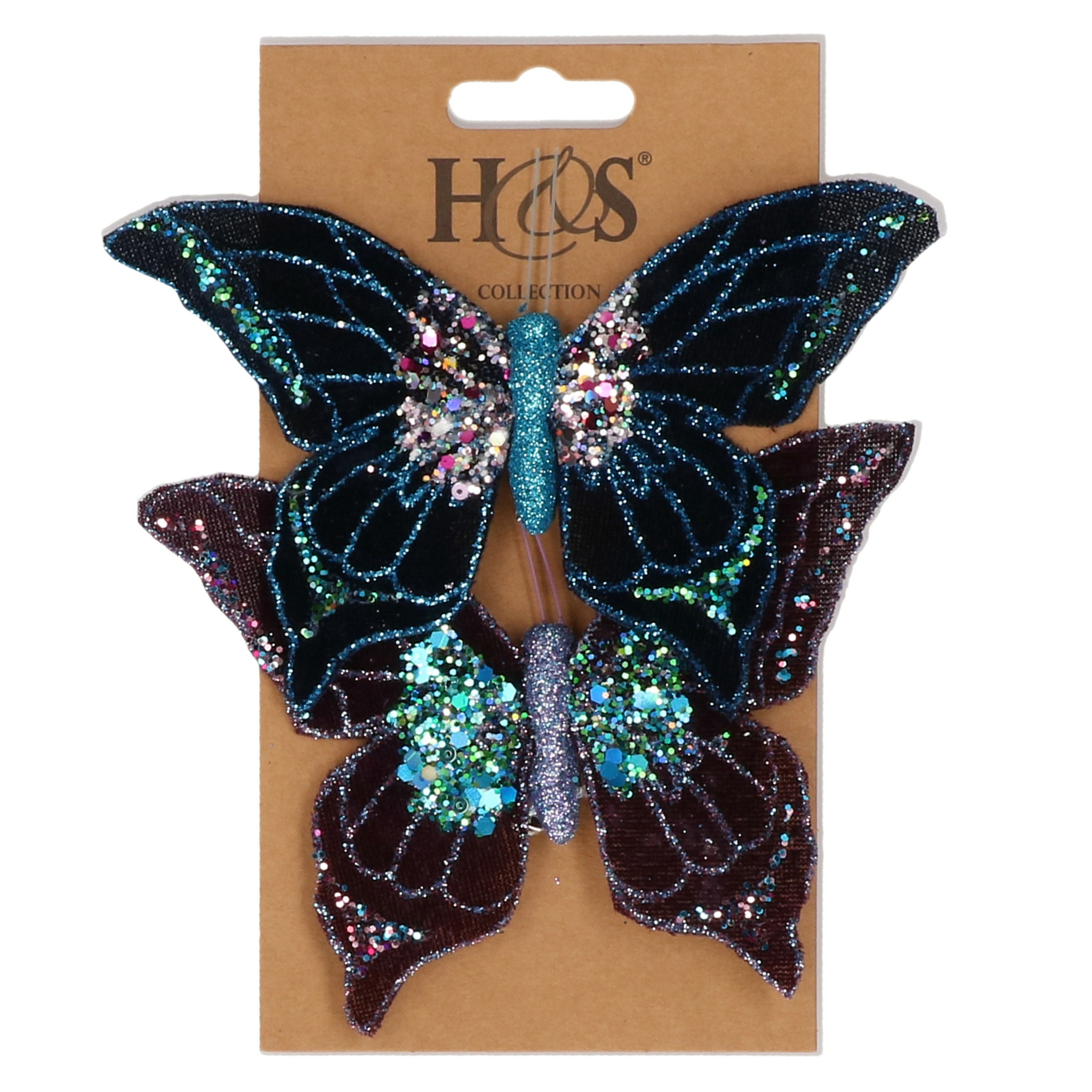 2x stuks kunststof decoratie vlinders op clip paars en blauw 10 x 15 cm