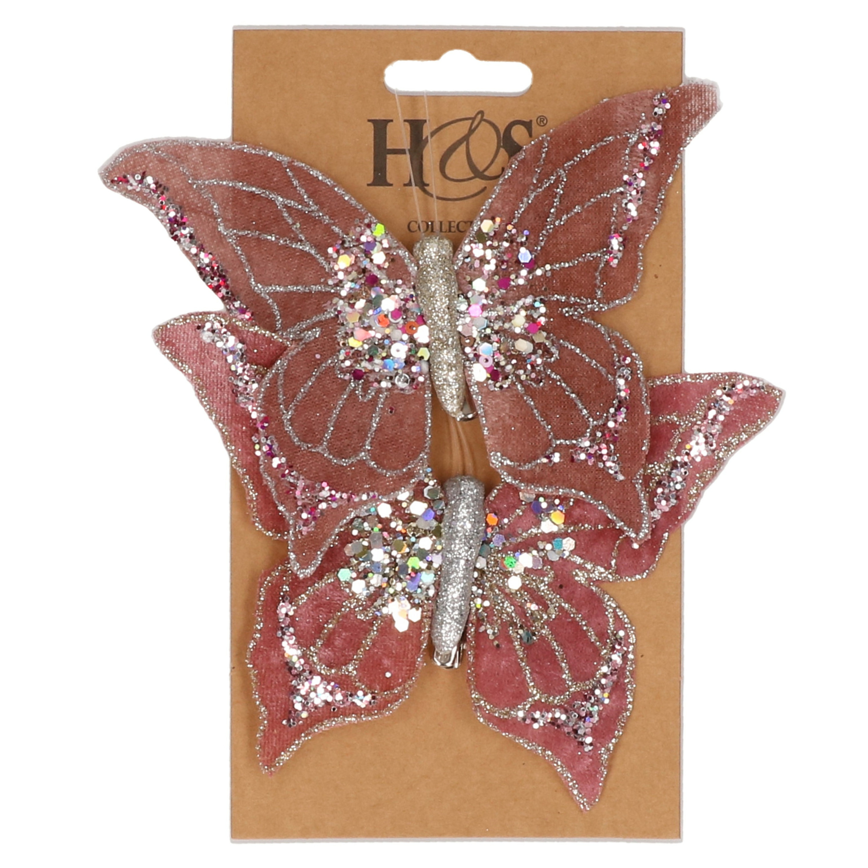 2x stuks kunststof decoratie vlinders op clip roze 10 x 15 cm