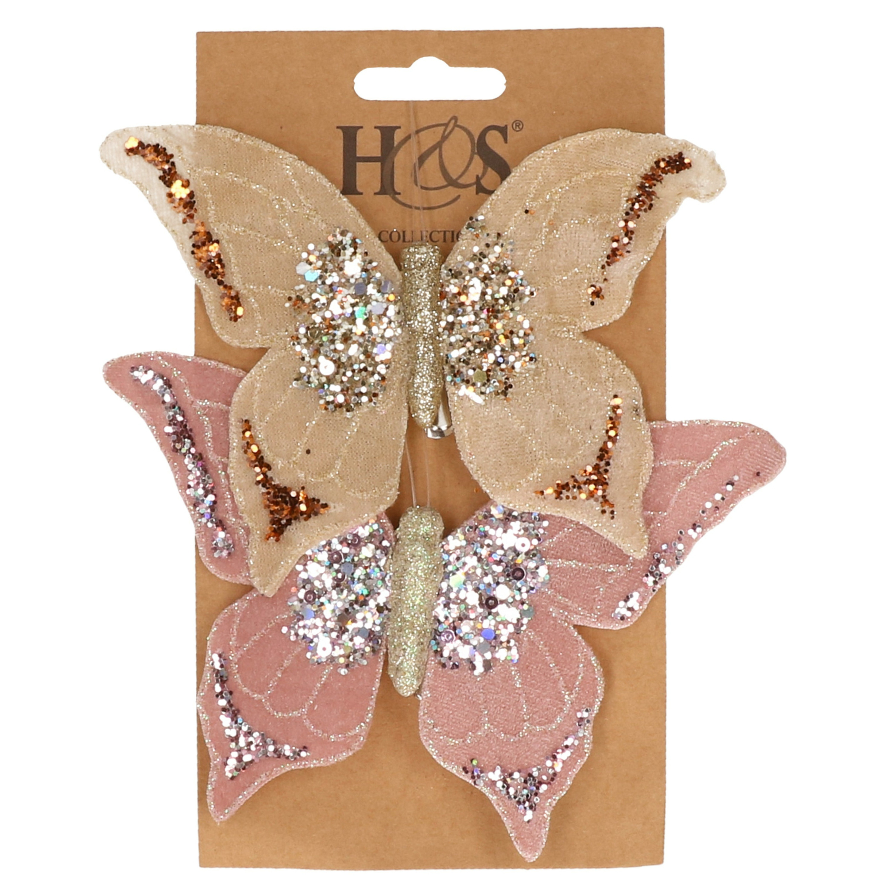 2x stuks kunststof decoratie vlinders op clip roze en beige 10 x 15 cm