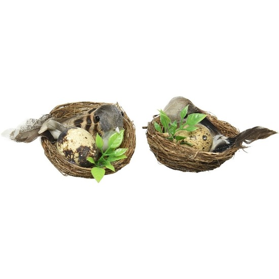 Afbeelding 2x Woondecoratie beeld vogel in vogelnestje met ei 6 cm door Animals Giftshop
