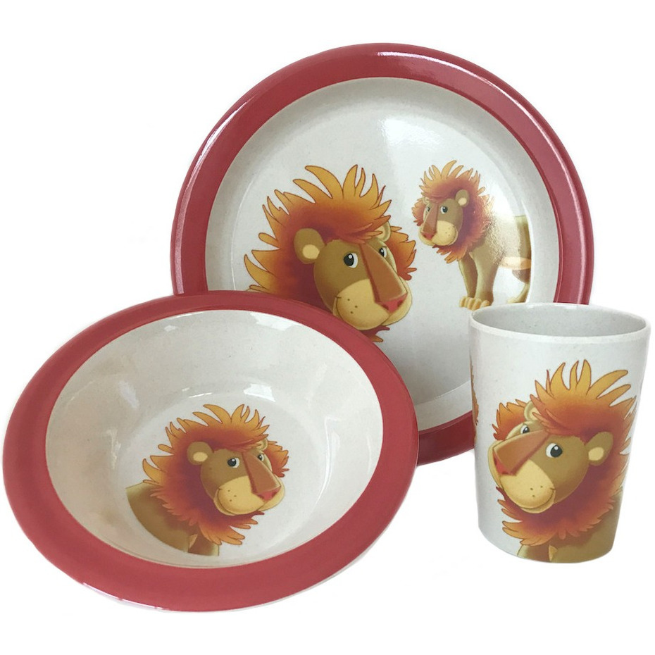 3-Delig ontbijtset bord/kom/beker met opdruk van een leeuw wit/rood melamine voor kinderen