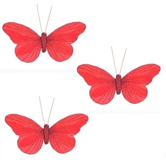 3x Decoratie vlinders op clip rood 11 cm