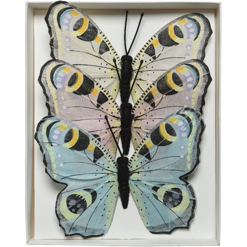 3x Decoratie vlindertje dagpauwoog 9 x 12 cm op ijzerdraad