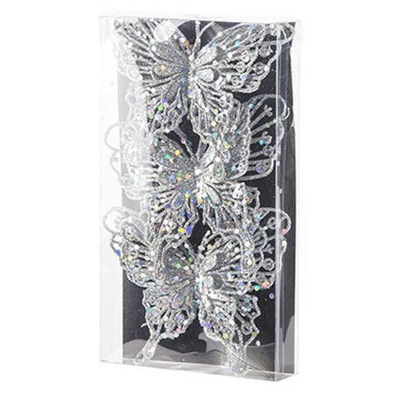3x Kerstversieringen vlinders op clip glitter zilver 11 cm