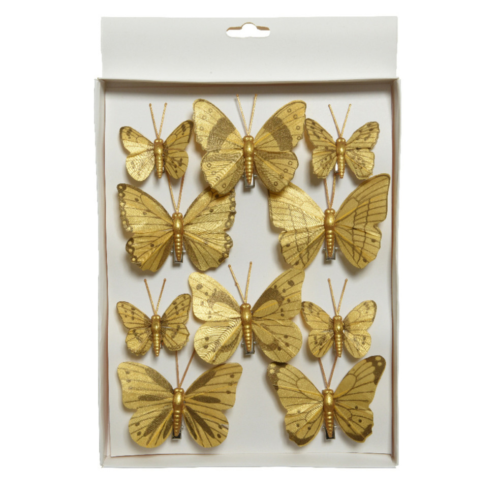 3x stuks decoratie vlinders op clip glimmend goud 8 cm