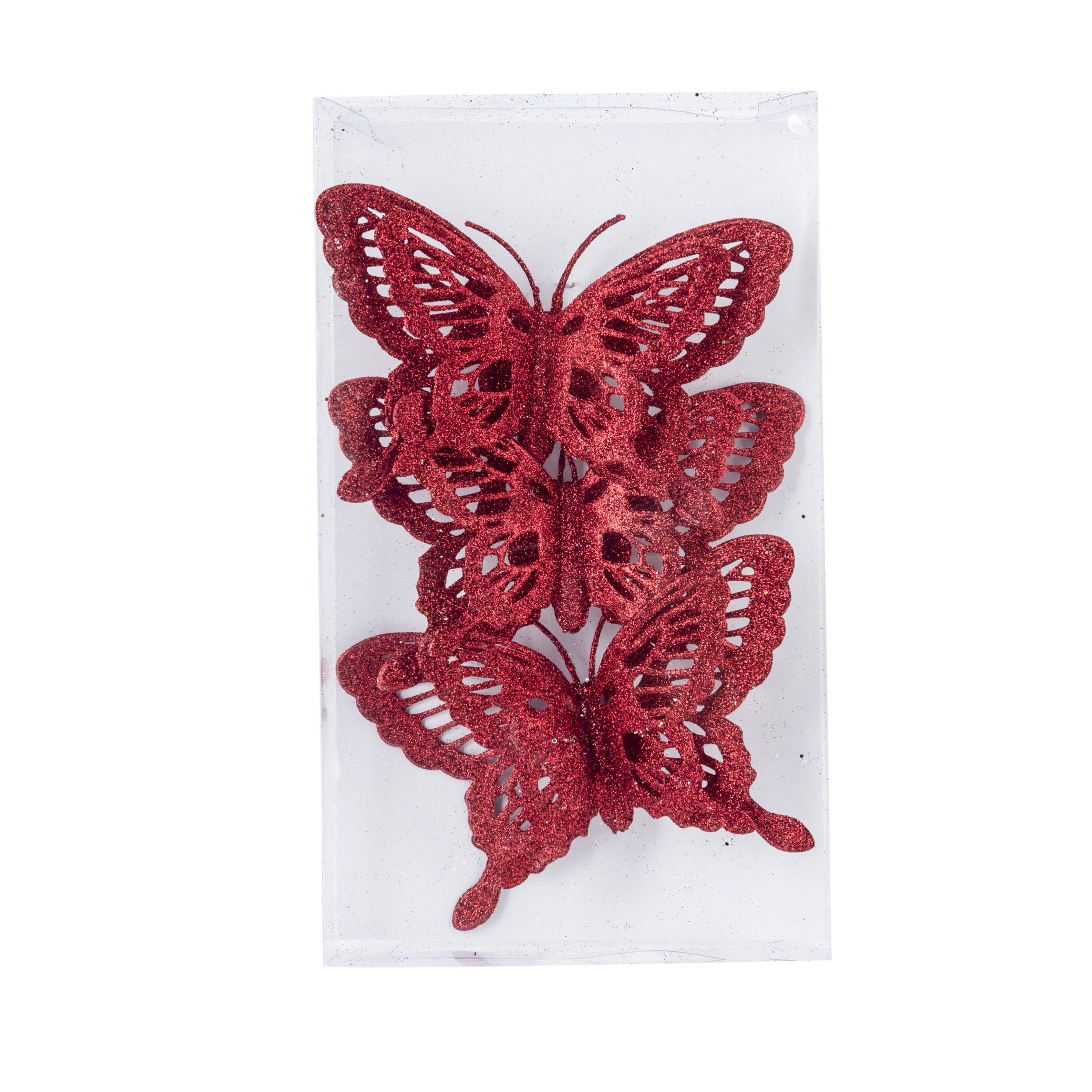 3x stuks decoratie vlinders op clip glitter rood 14 cm