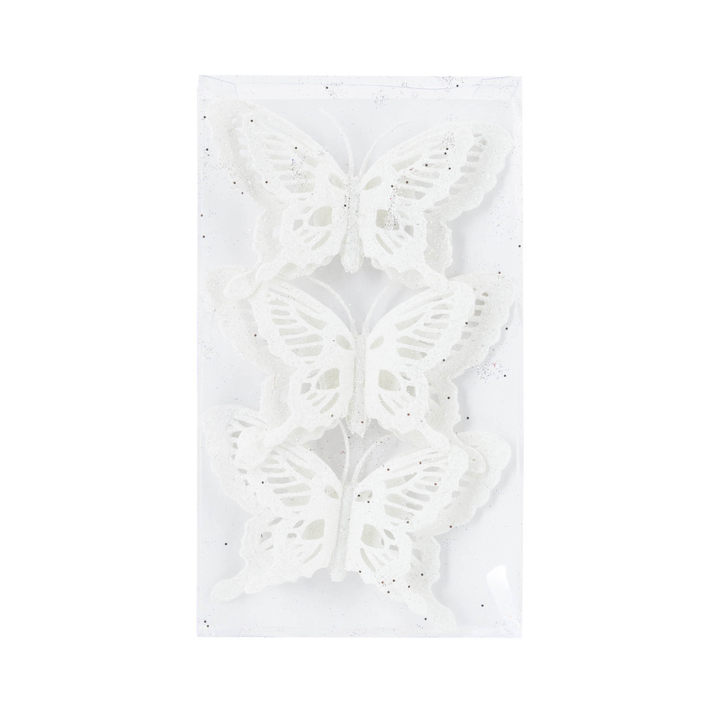 3x stuks decoratie vlinders op clip glitter wit 14 cm