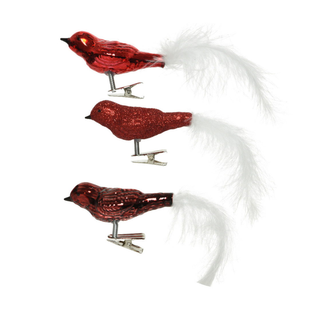 3x stuks glazen decoratie vogels op clip glans-glitter rood 8 cm