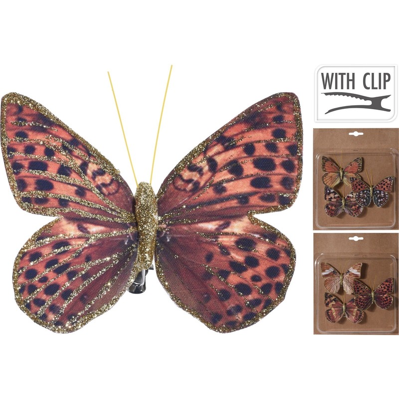 3x vlinders op clip rood/bruin/goud 10 cm