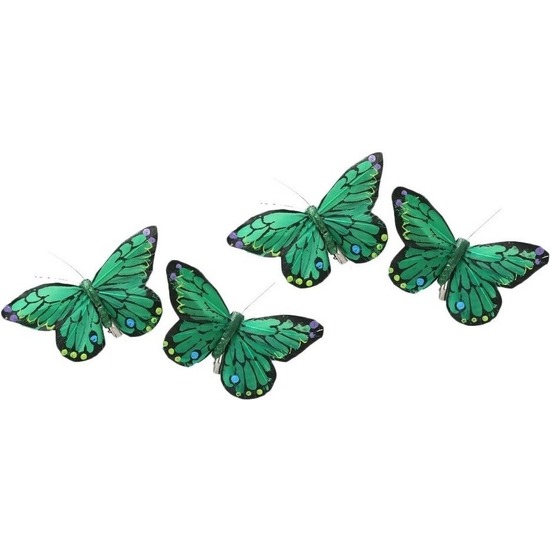 Afbeelding 4x Decoratie vlindertje groen/gekleurd 9 x 14 cm op ijzerclip door Animals Giftshop