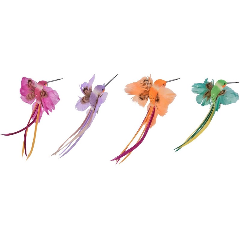4x Decoratie vogeltjes roze/paarse/oranje/groene kolibrie 15 cm op clip met echte veren