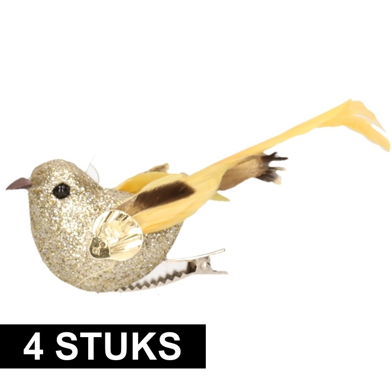 4x Vogel op clip goud 10 cm