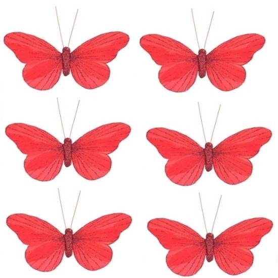 6x Decoratie vlinders op clip rood 11 cm