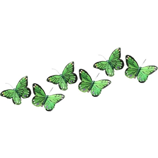 Afbeelding 6x Decoratie vlindertje lichtgroen/gekleurd 9 x 16 cm op ijzerclip door Animals Giftshop