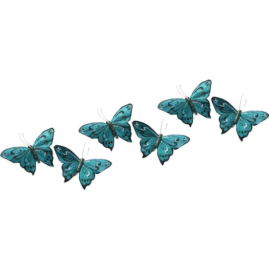 Afbeelding 6x Decoratie vlindertje turquoise blauw/zwart 9 x 16 cm op ijzerclip door Animals Giftshop