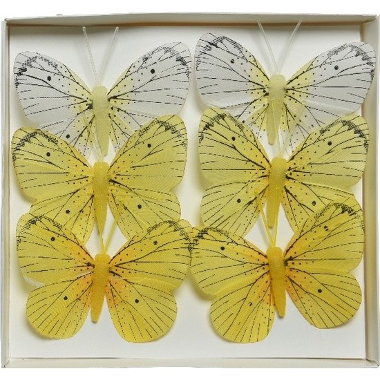 Afbeelding 6x Decoratie vlindertje wit/geel 6 x 8 cm op ijzerdraad door Animals Giftshop