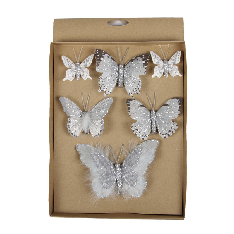 6x Kerstversiering vlinders op clip grijs 5, 8, 12 cm